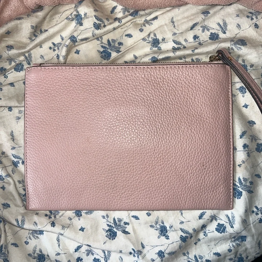 Michael Kors Pale Pink Pebbled Leather Wristlet Clutch with Gold-Tone Logo